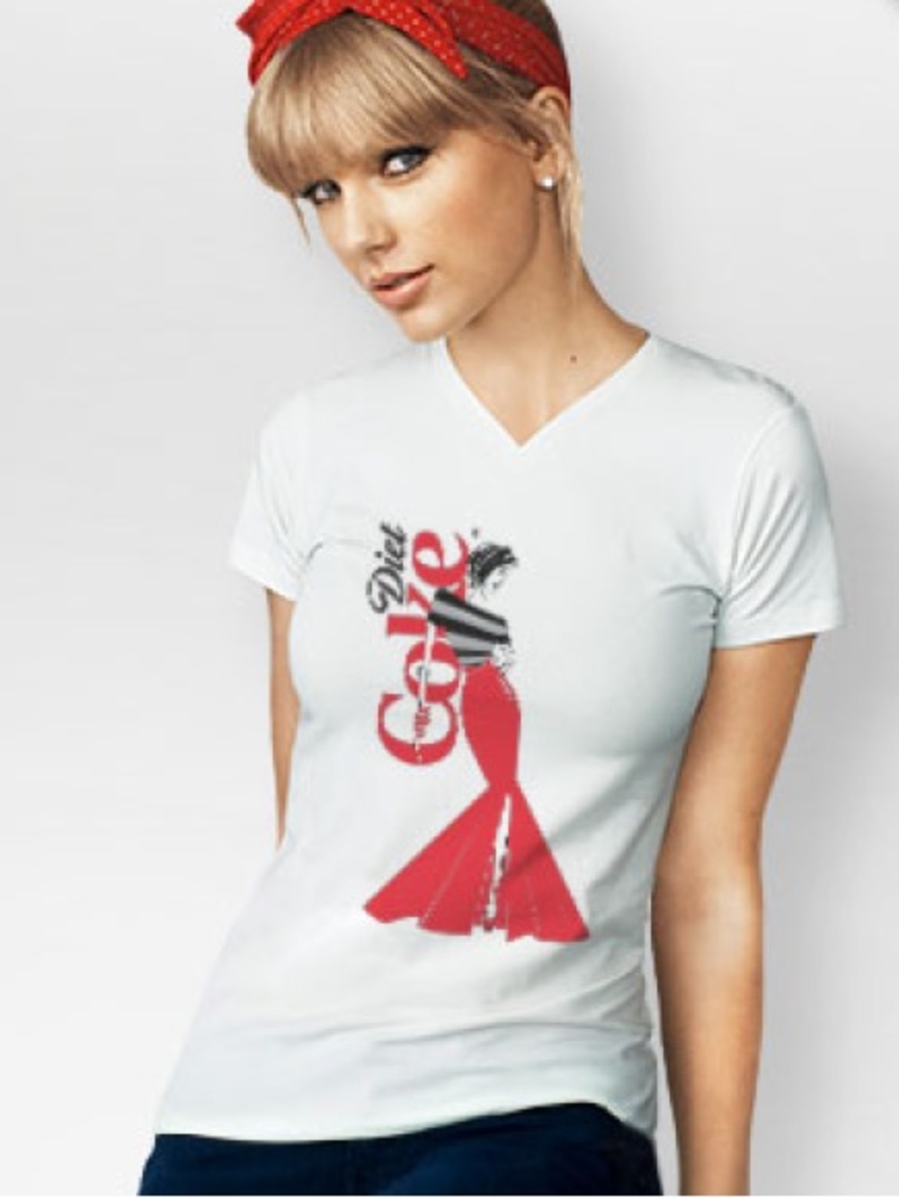 DIET COKE White V-Neck Tee with Red Fashion Dress Graphic - Large